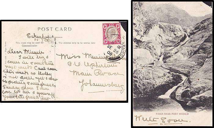1905 Transvaal Postcard `FALLS NEAR PORT HERALD with 1d KEVII SACC.251/267 (corner damage).