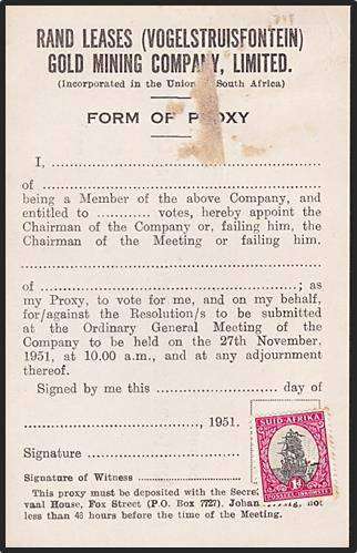 Very Rare VOGELSTRUISFONTEIN - Mining Proxy (Return) Card  - UNUSED