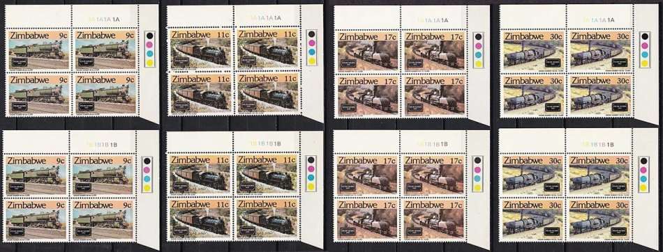 1986 Zimbabwe *** A and B *** Control  Blocks of 4 UMM (**) "TRAINS" - CV = R2,000+