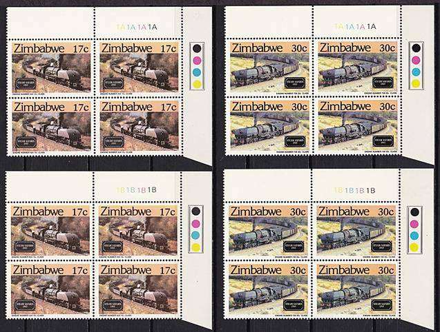 1986 Zimbabwe *** A and B *** Control  Blocks of 4 UMM (**) "TRAINS" - CV = R2,000+