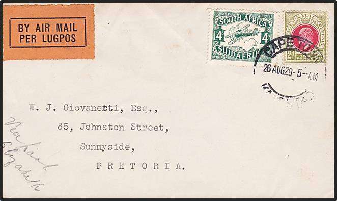 2d KEVII Natal & 4d Second Airmail Issue on 1929 Cover from Cape Town to Pretoria