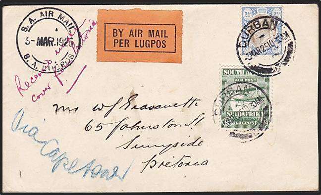 1926 Airmail Cover with a mix of 2½d KEVII Tvl & 9d Union Air Issues Tied by "DURBAN" DCCs