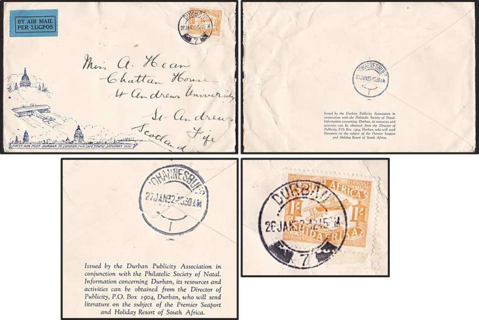 1932 Imperial Airways Cover 1/- Airs Tied to cover with "DURBAN_7" DCC - FIRST AIR POST CACHET