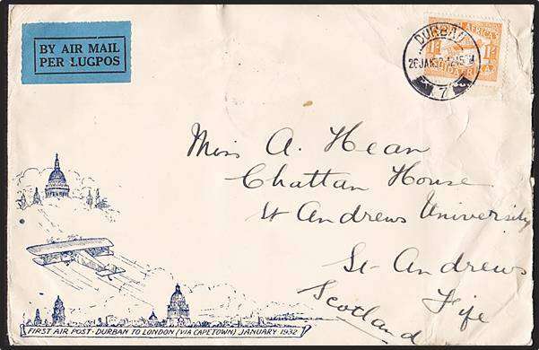 1932 Imperial Airways Cover 1/- Airs Tied to cover with "DURBAN_7" DCC - FIRST AIR POST CACHET