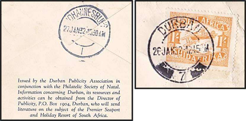 1932 Imperial Airways Cover 1/- Airs Tied to cover with "DURBAN_7" DCC - FIRST AIR POST CACHET