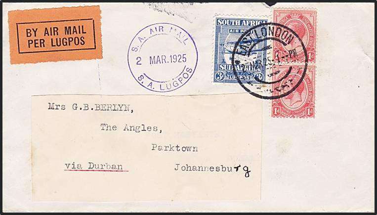 1925 Union Air Mail Cover with 3d Airs & Pair of 1d KGV  - "EAST LONDON"
