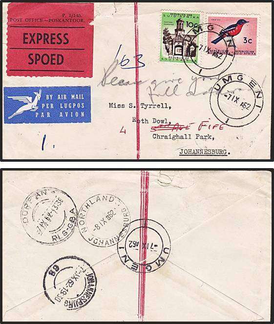 Express Airmail Letter with DCCs `UMGENI` `DURBAN` `JOHANNESBURG` & `NORTHLAND`