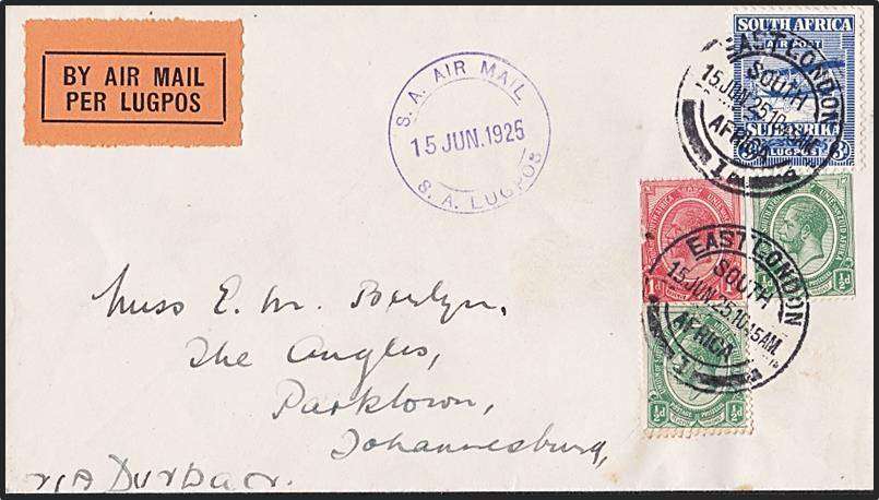 1925 SA Airmail Cover flown from East London - Great Use of 1st Airmail & 1913 KGV Coil Issues