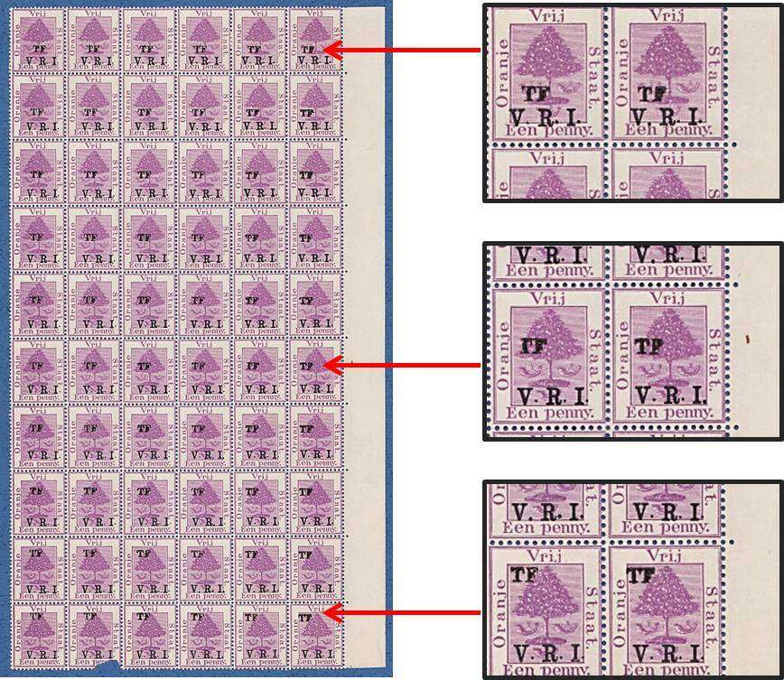 Major Shift of Telegraph "TF" overprint TO the V.R.I. overprint - Shift across whole part sheet (x60