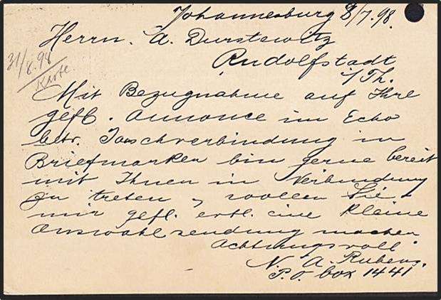 1898 Z.A.R. Postcard (Postmark) - Johannesburg to Rudolfstadt, Germany