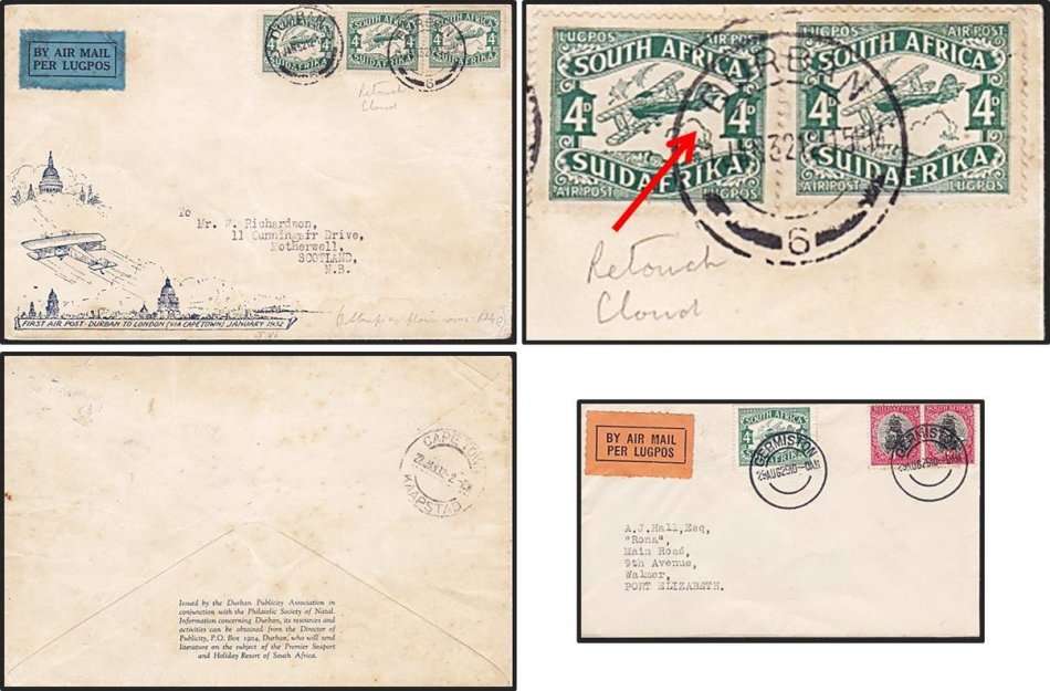 2 x Great Union Airmail Covers 1932 "DURBAN"  with Retouched Cloud Var & 1929 "GERMISTON"