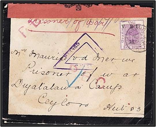 1902 Censored BOERWAR P.O.W. Front to Hut 53, Dyatalawa Camp, Ceylon - 1d V.R.I. VARIETY