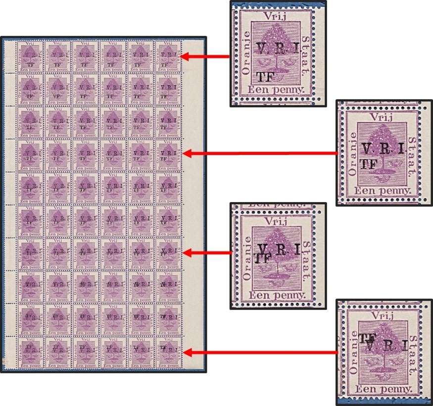 Major Shift of Telegraph "TF" overprint INTO the V.R.I. overprint - Shift across whole part sheet (x