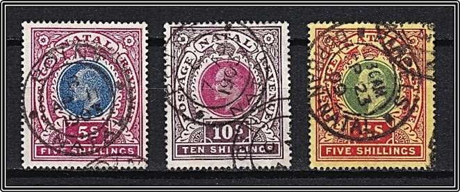 Natal 1902 (5/- & 10/-) & 1905 (5/-) VFU with FANTASTIC POSTMARKING  *** CV = R1,500+ ***