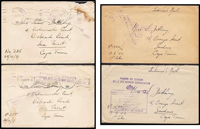 SCARCE 1943/44 P.O.W. Covers x 10: LEEUWKOP, BAVIAANSPOORT Prisons/Censor Markings etc