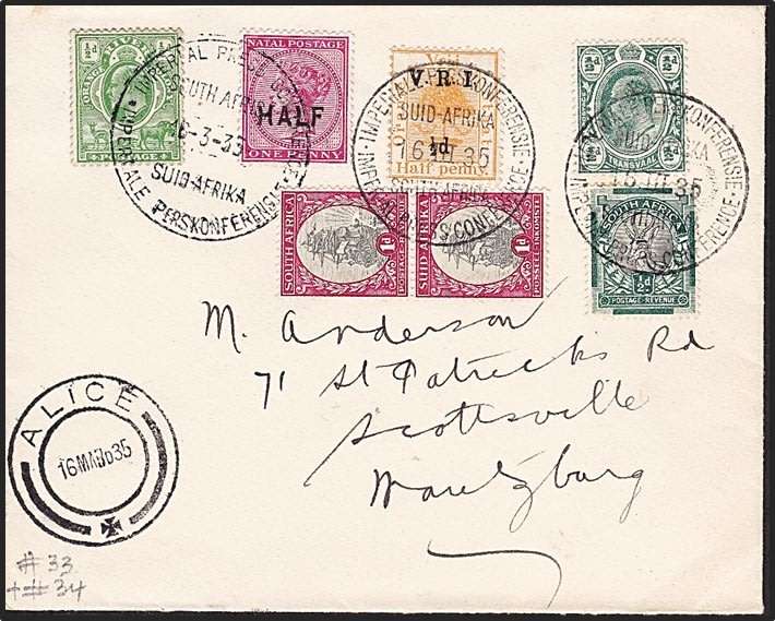 1935 Cover with Mixed Issues "IMPERIAL PRESS CONFERENCE" & "ALICE" Postmarks  *** UNUSUAL ***
