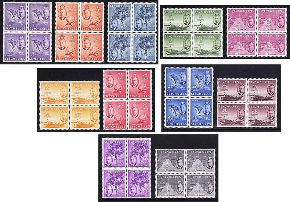 1952 Seychelles KGVI UMM (**) Short Set to 1/- in BLOCKS OF FOUR   *** CV = R1,500+ ***