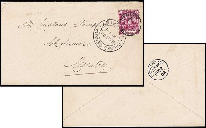 *** SCARCE *** 1902 BOER WAR CoGH, Kimberley Cover - EXCELLENT CENSOR HANDSTAMP
