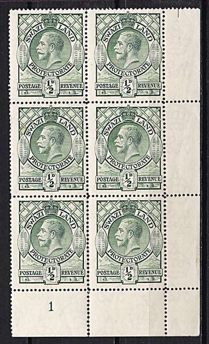 Swaziland KGV UMM Numbered Corner Block of 6 (No.1) - Split perf at bottom - Still Nice Showpiece