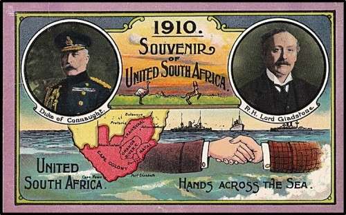 Fantastic 1910 `HANDS ACROSS THE SEA` and `UNITED SOUTH AFRICA` Used Postcard