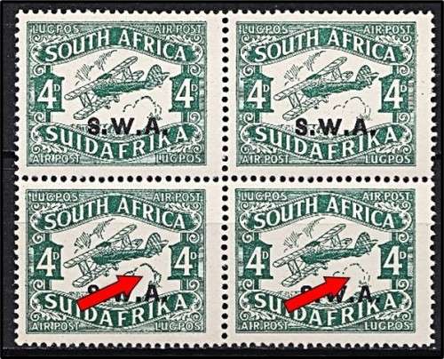 1930 S.W.A. Opt on Union 4d Airmail UMM (**) Block of 4- RETOUCHED CLOUDS Variety