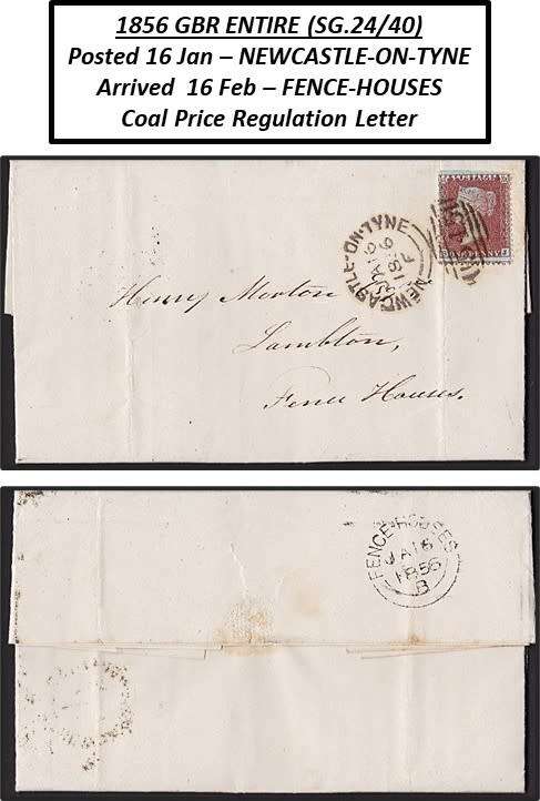 1856 GBR ENTIRE (SG.24/40): NEWCASTLE-ON-TYNE to FENCE-HOUSES  *** COAL INDUSTRY ***