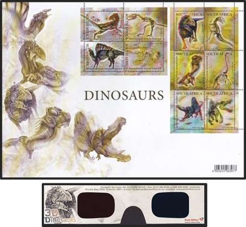 2009 Thematic RSA UMM (**) MS - Dinosaurs (10 x Int Airmail Postcard Rate) + 3D Glases
