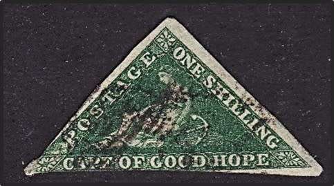 1858 1/- Dark Green Used CoGH TRIANGLE (SACC.8b) - Small Pinhole  *** CV  R17000+ ***