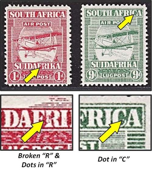 1925 Airmail UMM (**) Varieties (CC.25/28): 1d - Broken `R` and 9d - Dot in `C`