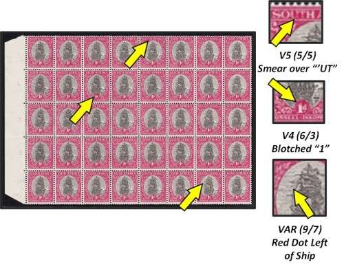 1950 1d Union CC.114 UMM (**) Block & SAHB VAR:  V3, V4 & Red Spot/Light