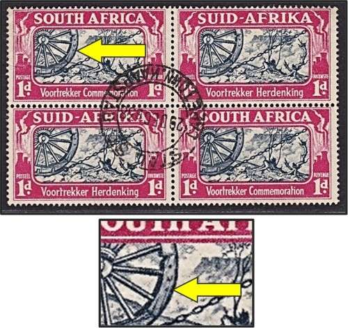 1938 1d Voortrekker CC.79a VFU Block VAR:  Extra Rivit in Wheel Rim - Scarce as Used