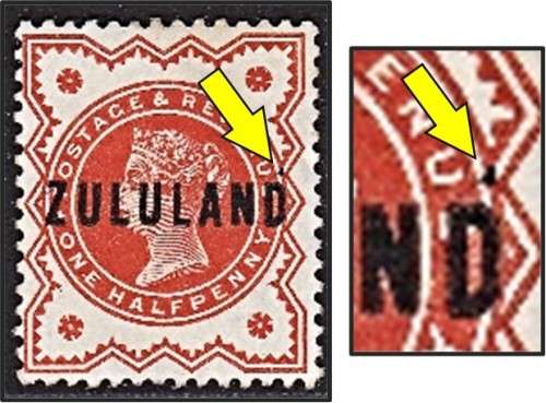 1888 Zululand 1/2d Mint, No Gum VARIETY - Black Dot on `D`  *** RARE ***