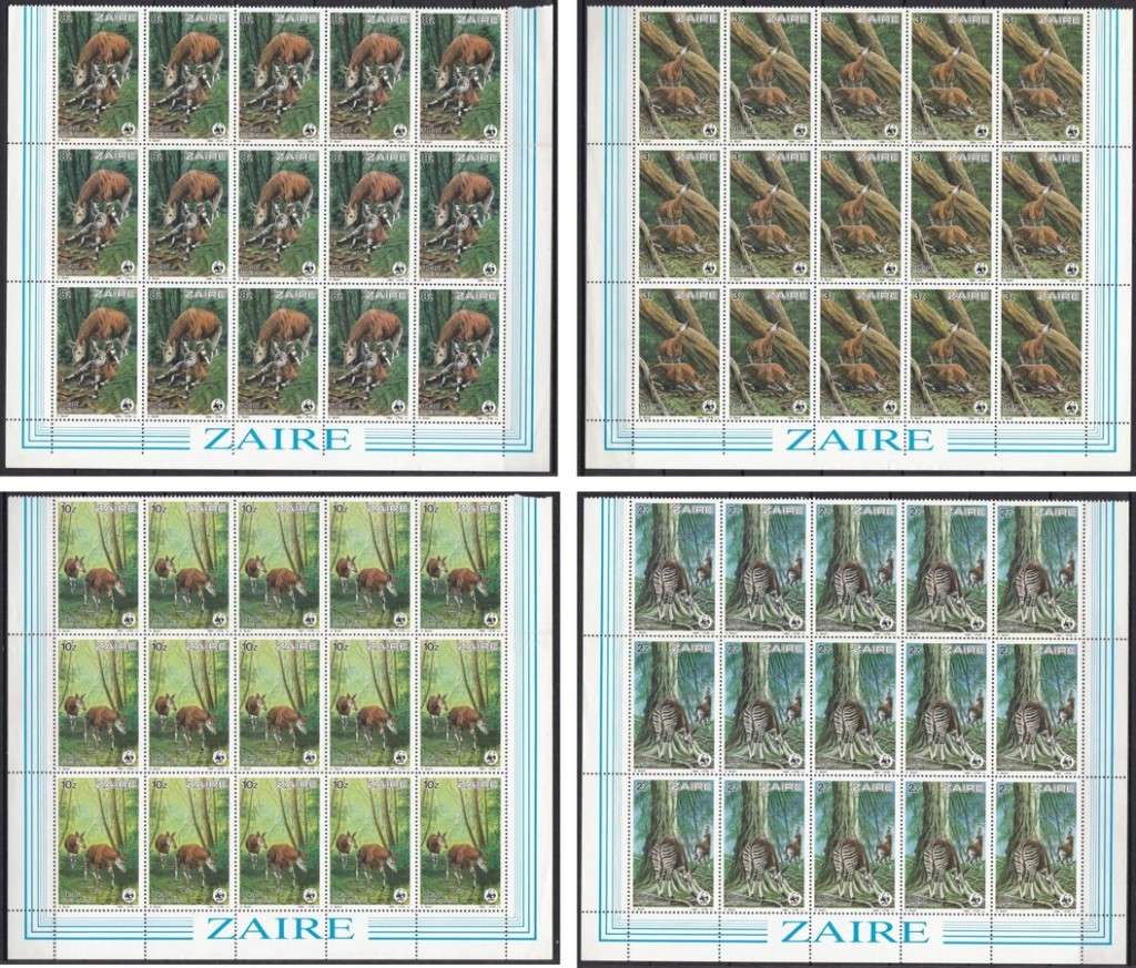 WWF Zaire Okapi Issues in Marginal Blocks of 15 UMM(**) - Great Thematic!!!