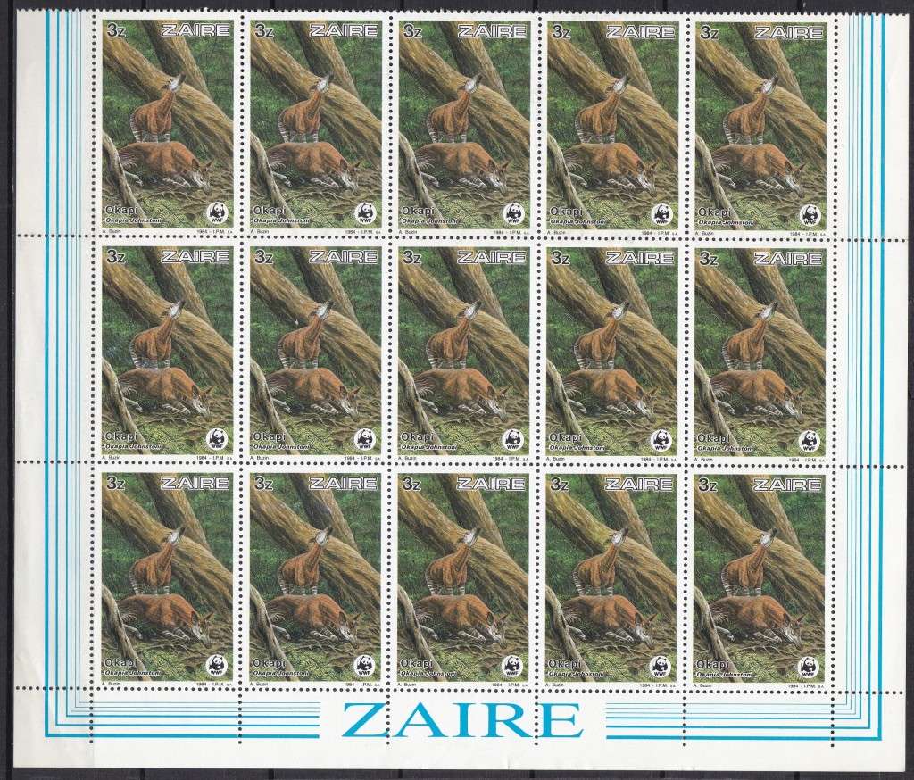 WWF Zaire Okapi Issues in Marginal Blocks of 15 UMM(**) - Great Thematic!!!