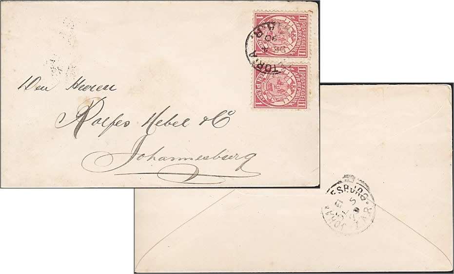 1890 ZAR Vurtheim Cover from Pretoria to Johannesburg