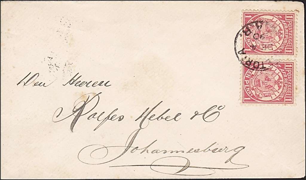 1890 ZAR Vurtheim Cover from Pretoria to Johannesburg