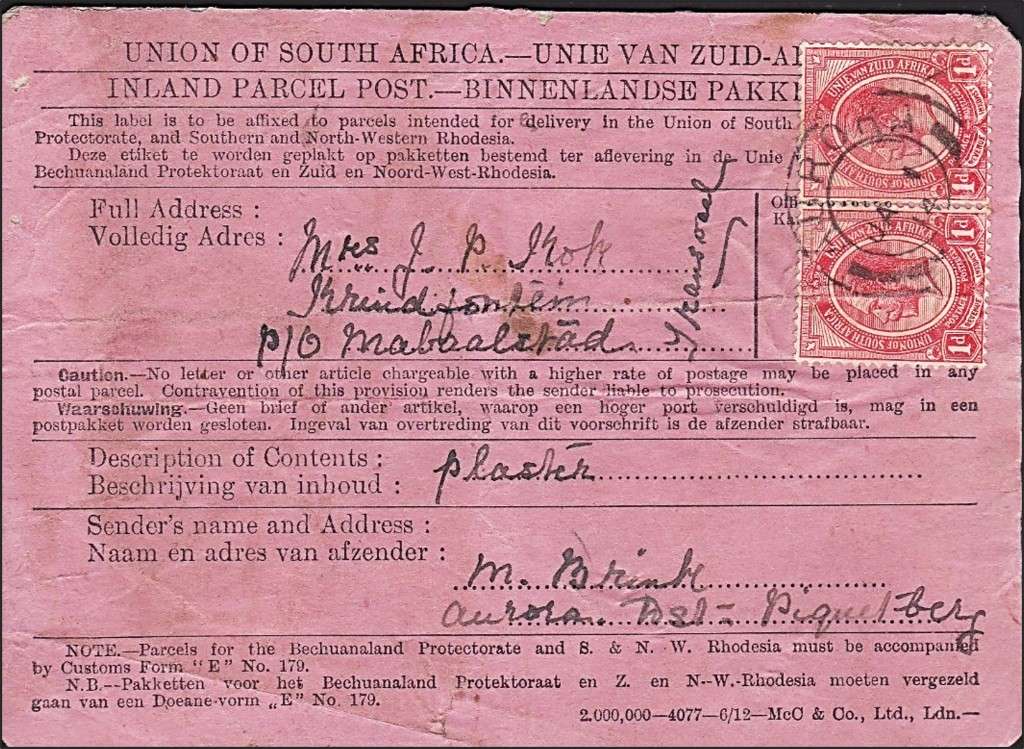 RARE 1914 Union Inland Parcel Post with 2 x KH Pair with AURORA DC (Glued to Card)