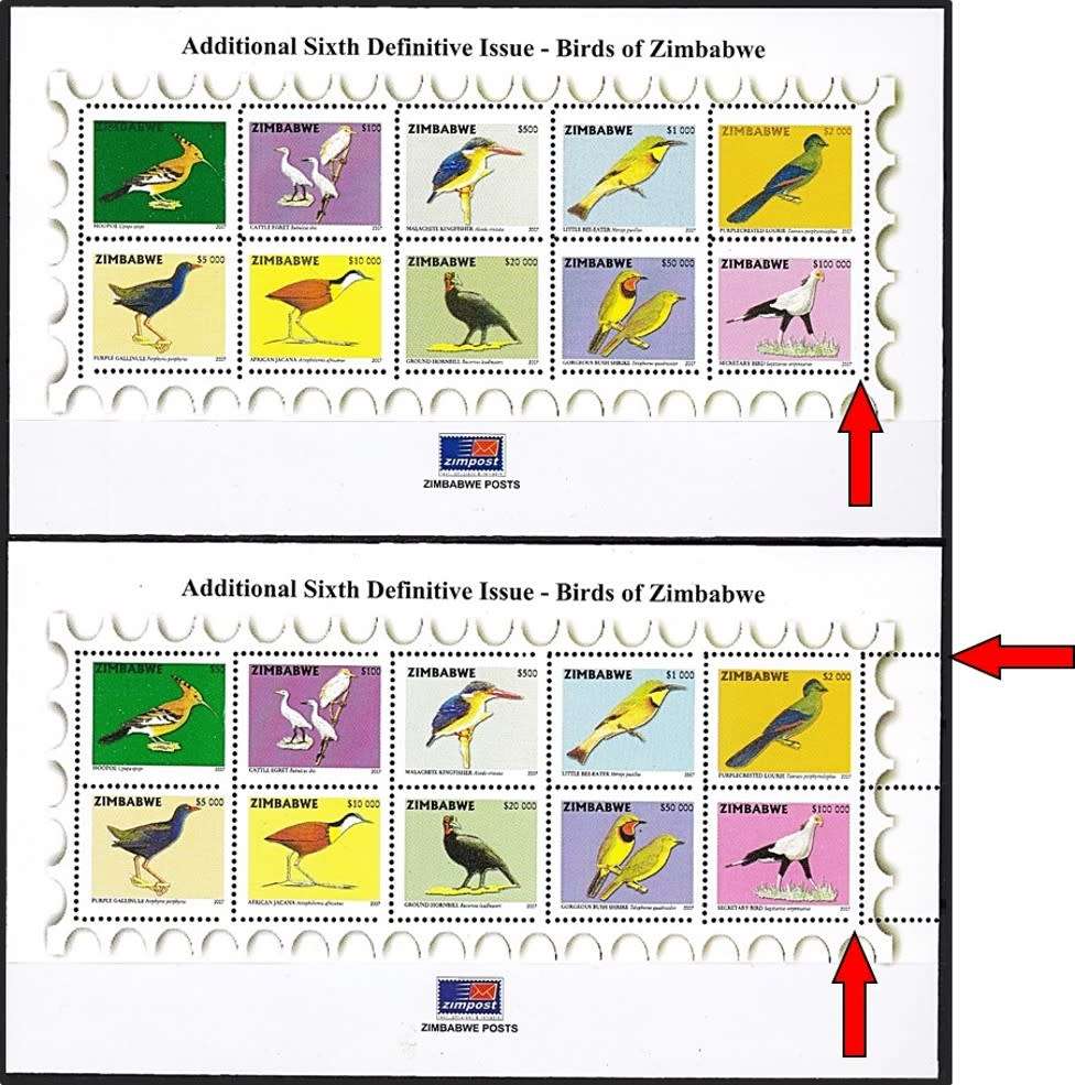 2007 Zimbabwe 8th Definitive UMM(**) Sheets - Missing Perfs, 2 Different Configurations