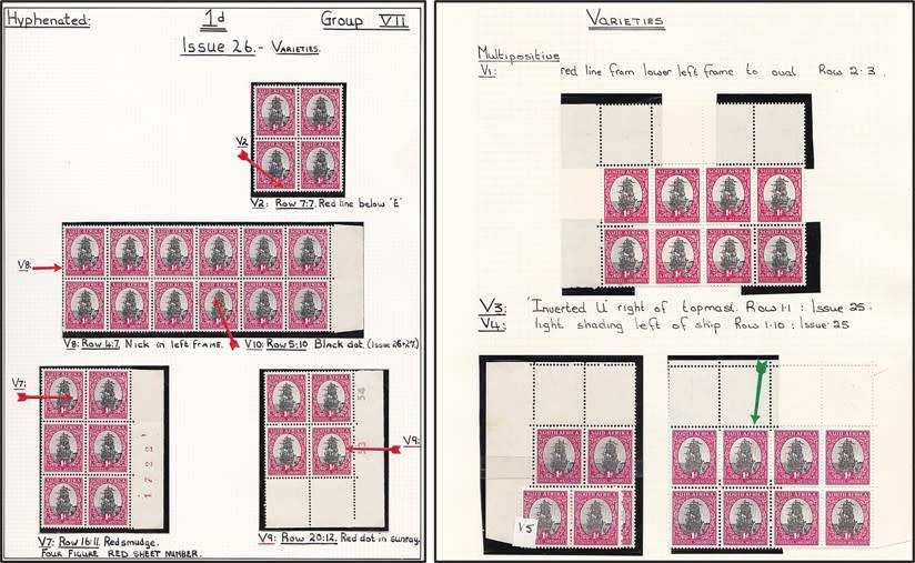 1951 Union 1d MM/UMM CC.134 Blocks with Most UHB Varieties Indicated/Described