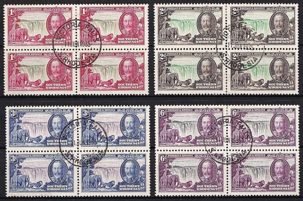 1935 Southern Rhodesia SJ VFU Set in Blocks of 4 - Victorial Falls Cancels @ CV  R3,100+
