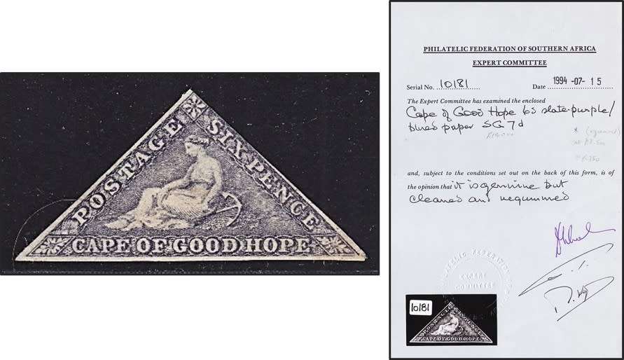1853 CoGH 6d Slate Purple MINT(*) SG.7d/CC.7d CERTIFIED, 1 Margin Thinning @ CV  R32,000