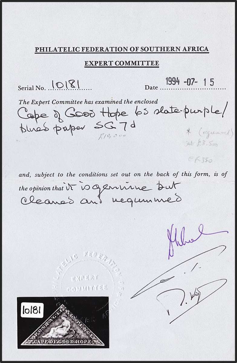 1853 CoGH 6d Slate Purple MINT(*) SG.7d/CC.7d CERTIFIED, 1 Margin Thinning @ CV  R32,000