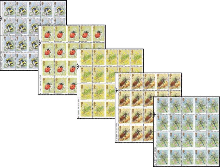 1985 Great Britain Insects Full UMM(**) Set in Arrow Blocks of 20  @ CV  R1,700+