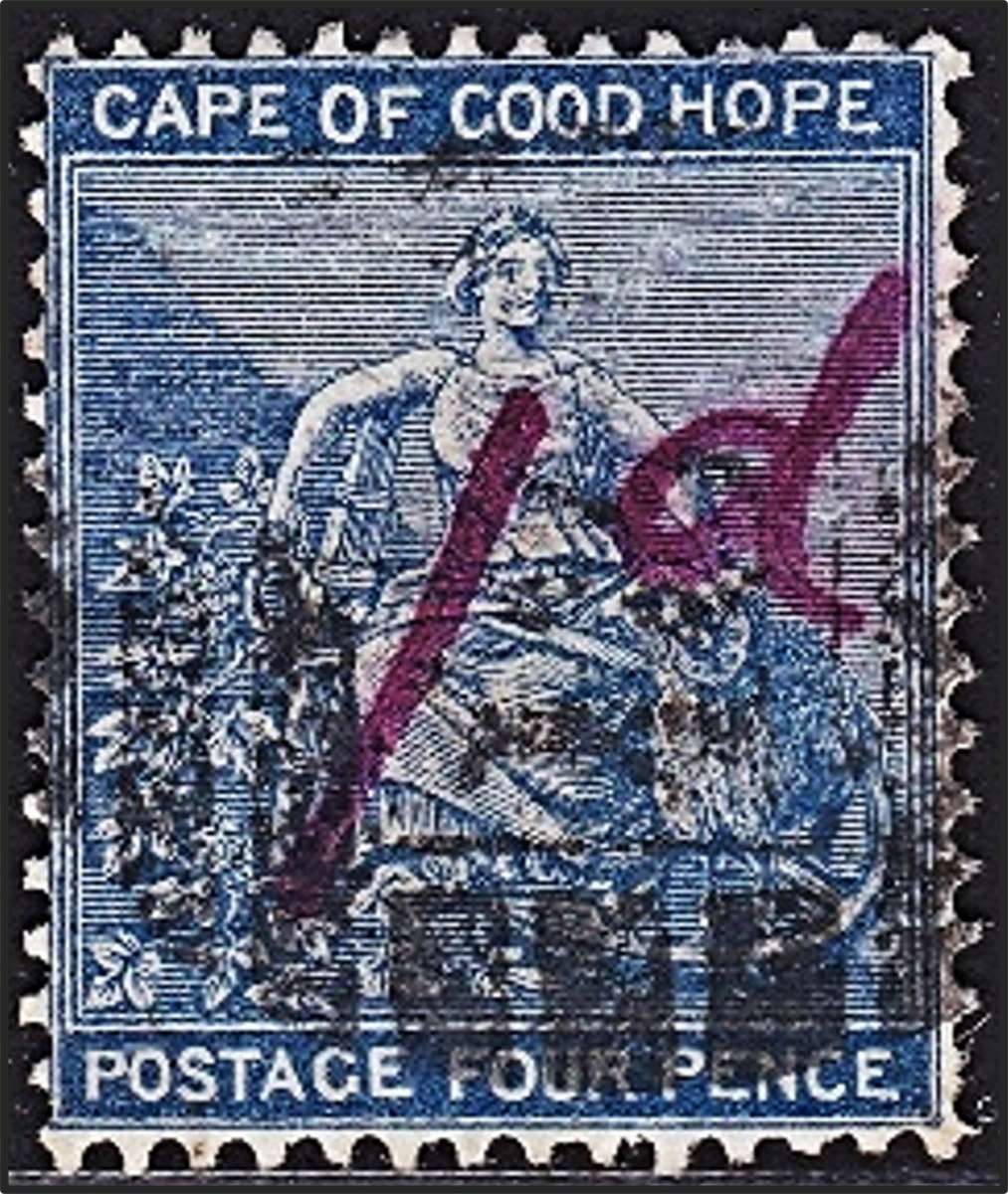 SCARCE 1874 Griqualand West 1d on 4d Blue SACC.1? (No line through 4d) Used @ HIGH CV  R60,000