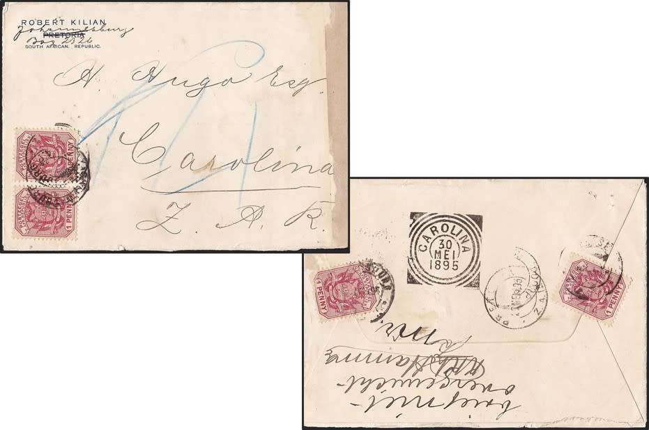1895 TVL Cover - JHB to Carolina - "Brief niet overgewicht" - Incorrectly Taxed 4 x 1d?