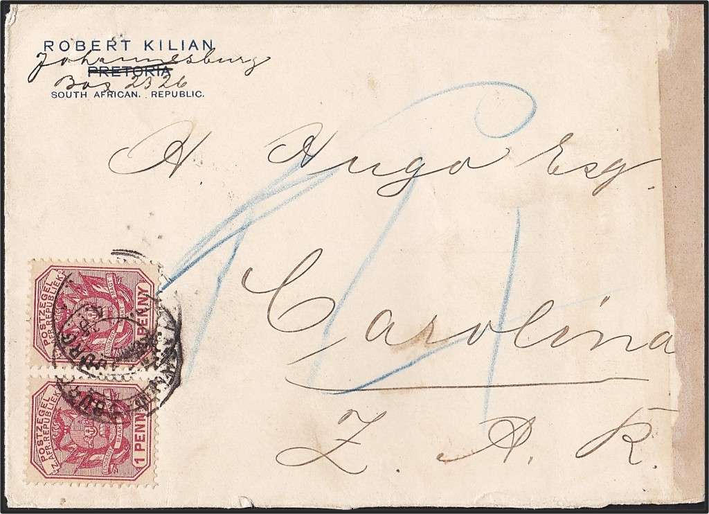 1895 TVL Cover - JHB to Carolina - "Brief niet overgewicht" - Incorrectly Taxed 4 x 1d?