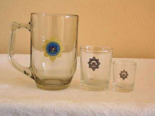 S A POLICE BEER MUG AND TWO SHOOTER GLASSES