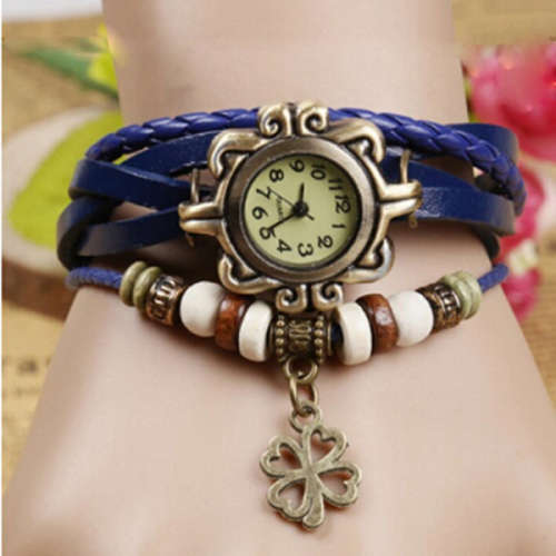*LOCAL STOCK* ladiesFour Leaf Clover Weave Pendant Bracelet Wrist Watch (blue)