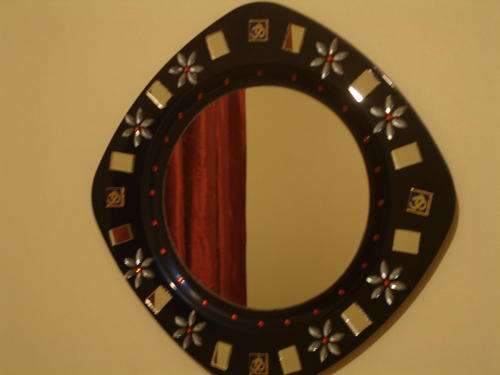 Diamond Mirror - Aum with blue flowers - approx 34cm