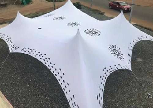 4 Way Stretch Polyester Decor Tent - Non Waterproof - 5mx5m - Design, Poles + Binding Optional